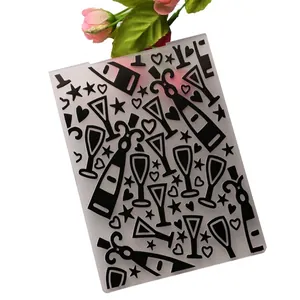 Plastic embossing folder featuring wine bottle and heart patterns for DIY card making