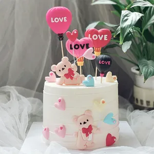 Romantic heart bear and LOVE hot air balloon cake topper set for Valentine's Day decor