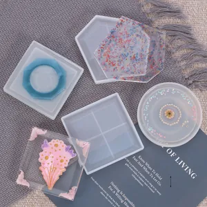 Geometric silicone molds for DIY crystal epoxy resin crafts shown with finished coasters