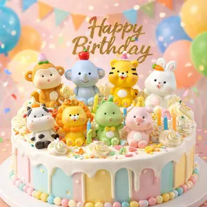 3D Resin Cartoon Animal Cake Topper Cute Tiger Rabbit Pig Lion Elephant Cow Dinosaur Monkey Birthday Party Decoration Ornaments