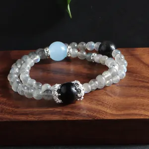 Double-strand natural stone bracelet featuring grey labradorite and obsidian beads