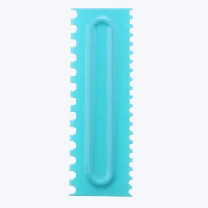 Light blue plastic cake scraper comb with double-sided serrated edges for baking decoration