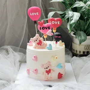 Romantic bear and love hot air balloon cake topper set for Valentine's Day decor