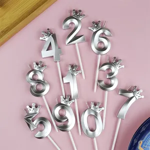 Velas de cumpleaños números con corona plateada 0-9 set para decoración de tartas