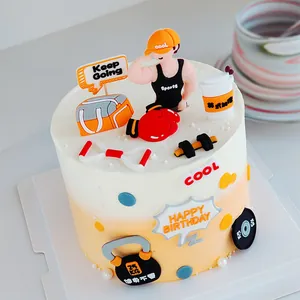 Fitness themed cake topper set with gym man and boxing glove for men's birthday party deco