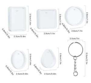 Detailed dimensions for various silicone jewelry molds and metal keychain components