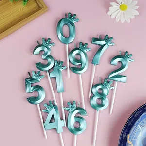 Velas de cumpleaños azules metálicas 0-9 con corona para decoración de pasteles.