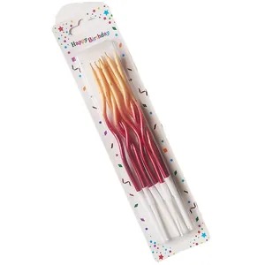 Gradient spiral birthday candles in metallic red and gold for festive cake decoration
