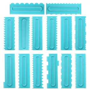 14-piece blue plastic cake scraper set with various decorative edge combs for baking