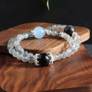 Detail shot of natural labradorite double-strand bracelet with blue and black beads.
