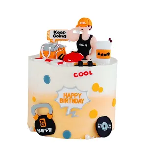 Fitness themed cake topper set with gym man and sports equipment ornaments for party
