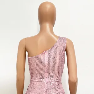 Elegant pink one-shoulder sequin maxi dress showing back detail with invisible zipper.