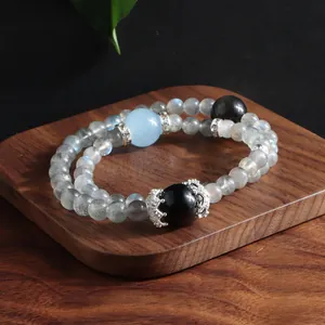 Natural labradorite double-layer bracelet with crown charm and crystal beads