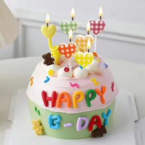 Cartoon Heart Birthday Candles Gingham Pattern Heart Star Rotating Candles Cake Decoration For Wedding Valentine Party