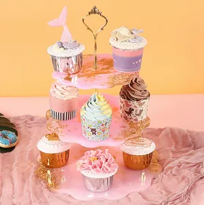 Elegant 3-tier pink resin cupcake stand with gold leaf accents for party dessert display