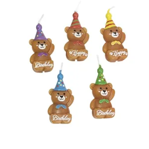 Set de 5 adorables velas de cumpleaños de ositos con sombreros coloridos para pastel