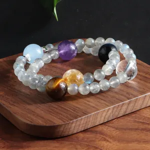 Close-up of double-strand labradorite bracelet with tiger's eye and amethyst beads