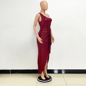 Elegant burgundy one-shoulder sequin maxi dress with pleated waist tie side view detail