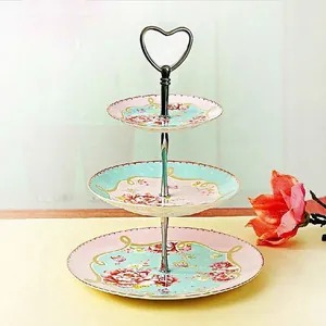 Elegant 3-tier floral ceramic fruit plate with heart-shaped handle for home decoration