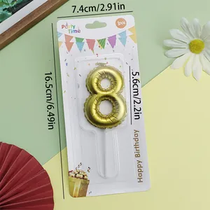 Detailed view of a gold balloon-shaped number 8 birthday candle with dimensions