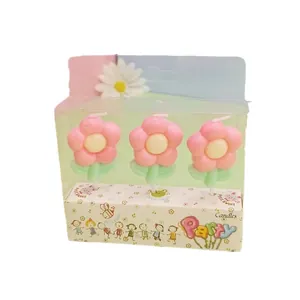 Set mit 3 rosa Blumen Geburtstagskerzen in süßer Cartoon Partyverpackung Dekoration