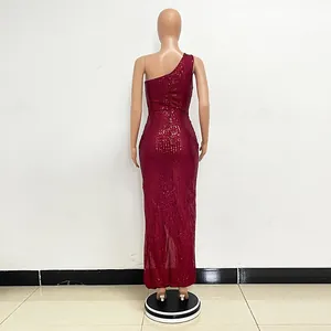 Rear view of a burgundy one-shoulder sequin maxi dress with a slim-fit silhouette.