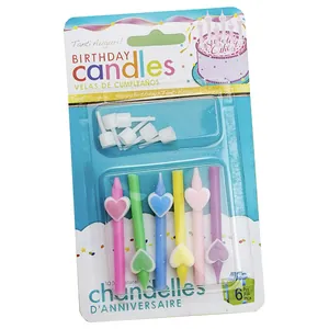 Pack of 6 colorful heart-shaped birthday candles with white holders for party cake decoration