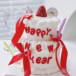 Happy New Year Cake Topper Set Red Soft Glue Letter Decoration Ribbon Bow Colorful Spiral Candles Baking Ornament Festive Party Supplies