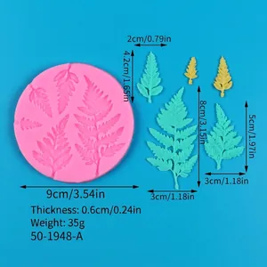 Especificaciones detalladas de tamaño y peso para moldes de silicona con forma de hoja.