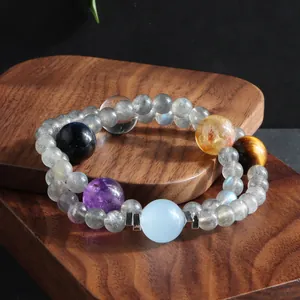 Detailed view of a double-layer natural labradorite and multi-gemstone beaded bracelet