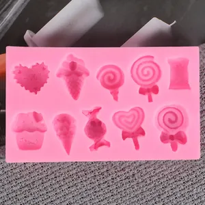 Vista detallada del molde de silicona rosa con formas de piruleta, helado y caramelo para DIY