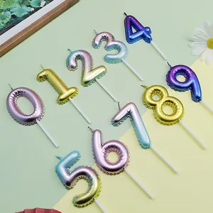 Colorful metallic gradient number candles 0-9 for birthday cake decorations.