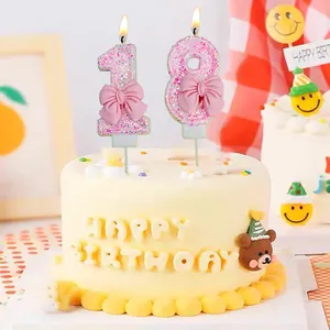 Velas creativas número 18 con purpurina rosa y lazos para tarta de cumpleaños