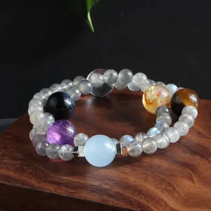 Detail view of a double-strand natural labradorite bracelet with vibrant gemstone beads.
