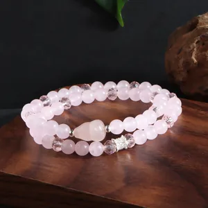 Bracelet double rang en quartz rose naturel avec cristaux et pendentif calebasse