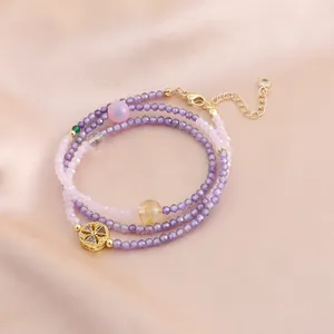 Bracelet collier multicouche en cristal naturel avec pendentif doré en violet rose
