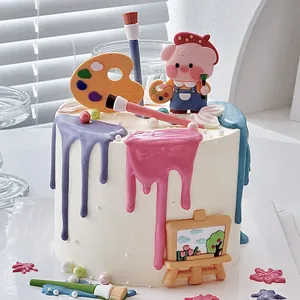 Kuchenstecker-Set Künstler-Schwein aus Weichgummi mit Mini-Staffelei und Palette