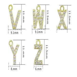 Detailed dimensions of gold zirconia-inlaid alphabet charms V W X Y and Z for jewelry