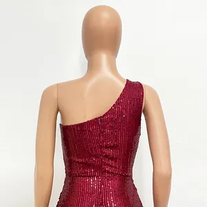 Back view of elegant burgundy one-shoulder sequin dress showing fine craftsmanship details.