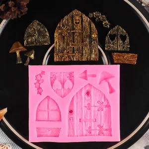 Detailed macro view of pink silicone mold featuring fairy tale door and mushroom patterns