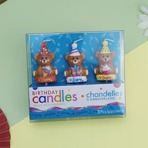 3er-Set süße braune Teddybär-Geburtstagskerzen mit Partyhüten in einer Geschenkbox.