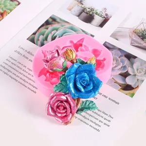 Detailed view of pink rose flower silicone mold with finished colorful resin roses