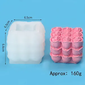 Detailed view of 3D rose cube silicone mold showing 6.5x6.6cm dimensions and 160g weight