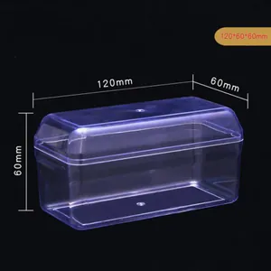 Contenedore rectangular de plástico transparente 120x60x60mm con medidas detalladas