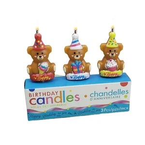 3er-Set süße Teddybär-Geburtstagskerzen mit Partyhüten für Kuchendekoration