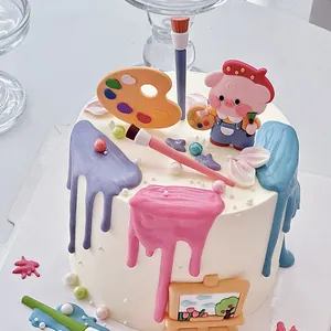 Süßes Maler-Schwein Tortendeko-Set mit Pinsel und Palette für Kindergeburtstage