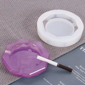 Detailed view of octagonal DIY resin ashtray mold with purple finished product sample