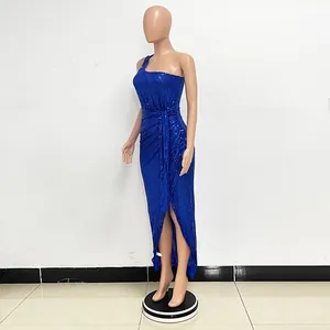 Royal blue sequin evening dress featuring a one-shoulder design and waist tie detail.