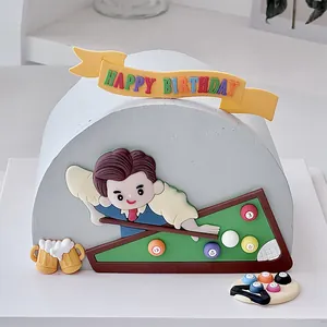 Decorazione per Torta a Tema Biliardo per la Festa del Papà Giocatore Maschile Cartone Animato Boccale di Birra Banner Buon Compleanno Uomini