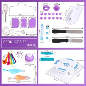 Detailed size guide for 134-piece cake decorating kit with turntable and tools
